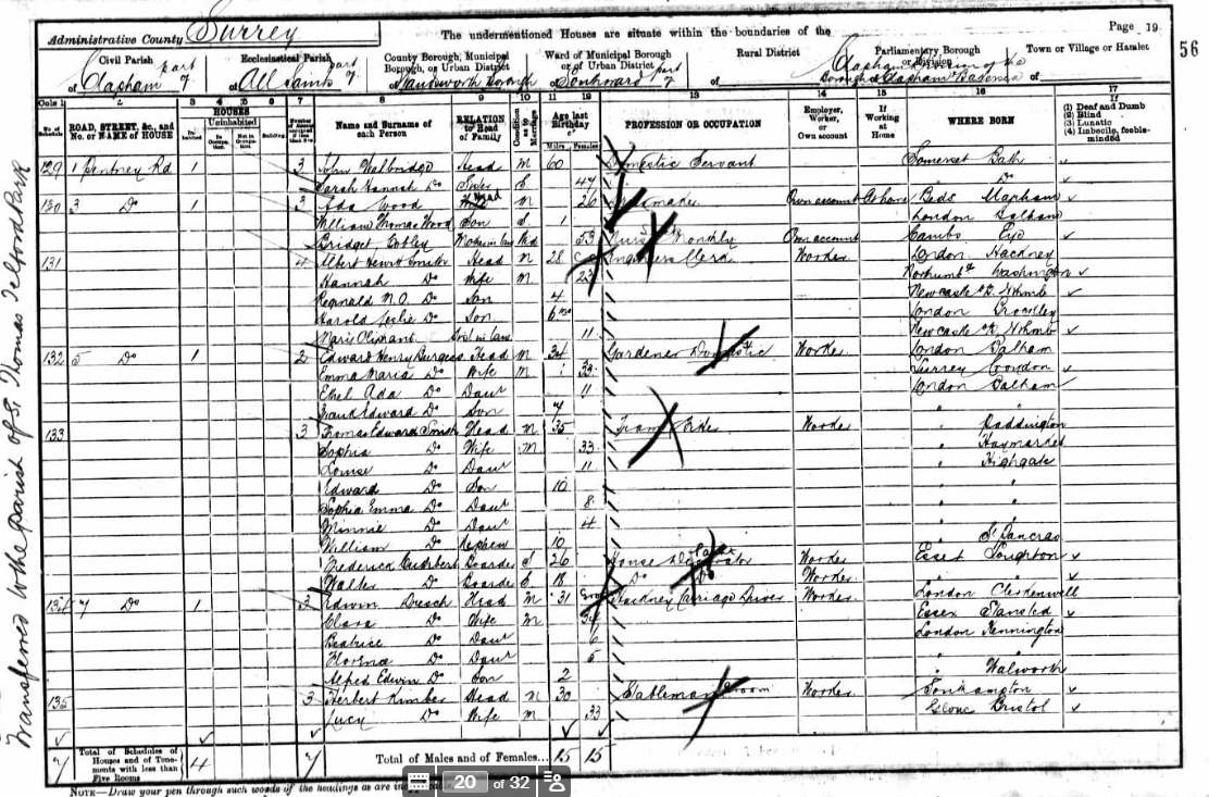 1901 Census record for Alfred Hewitt Smith, recorded as Albert Hewitt Smith, Clapham, Surrey